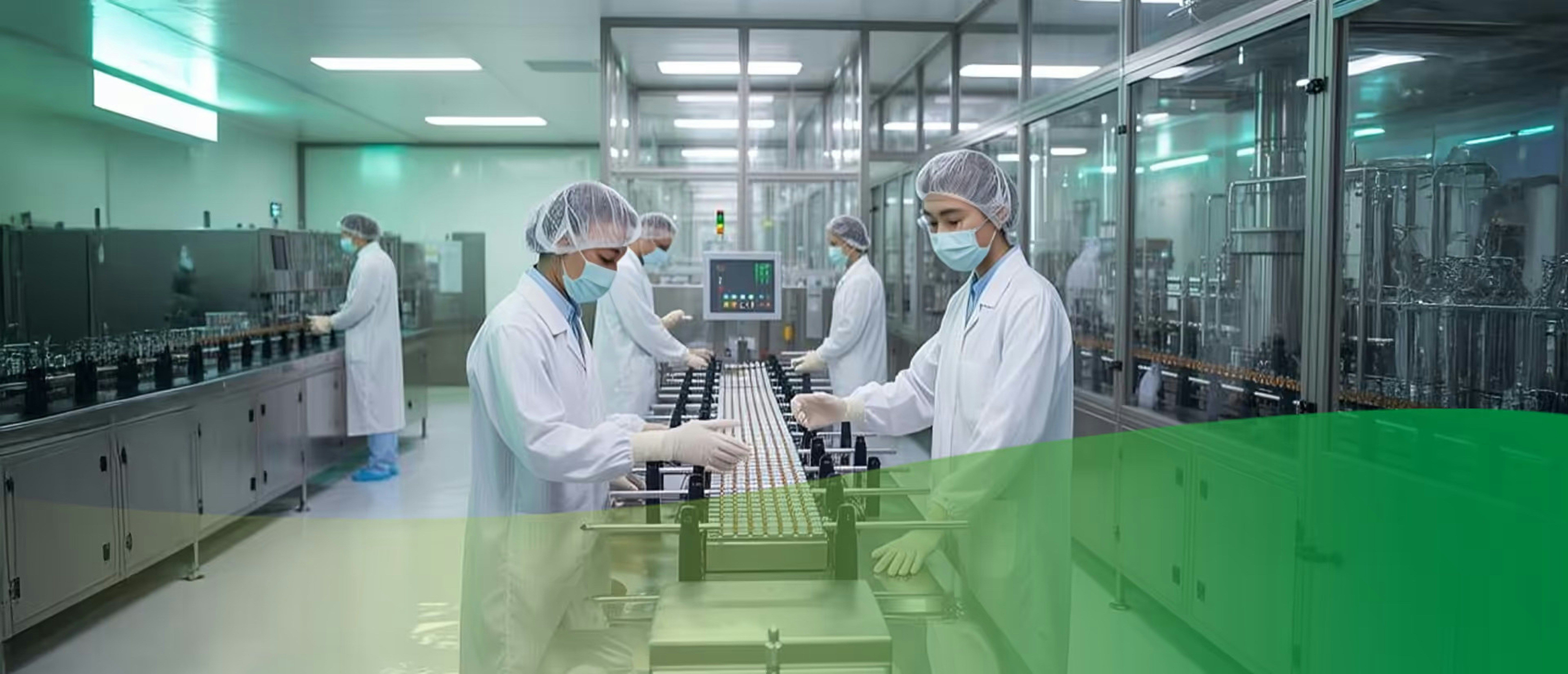 Workers in protective clothing manufacturing in a sterile environment
