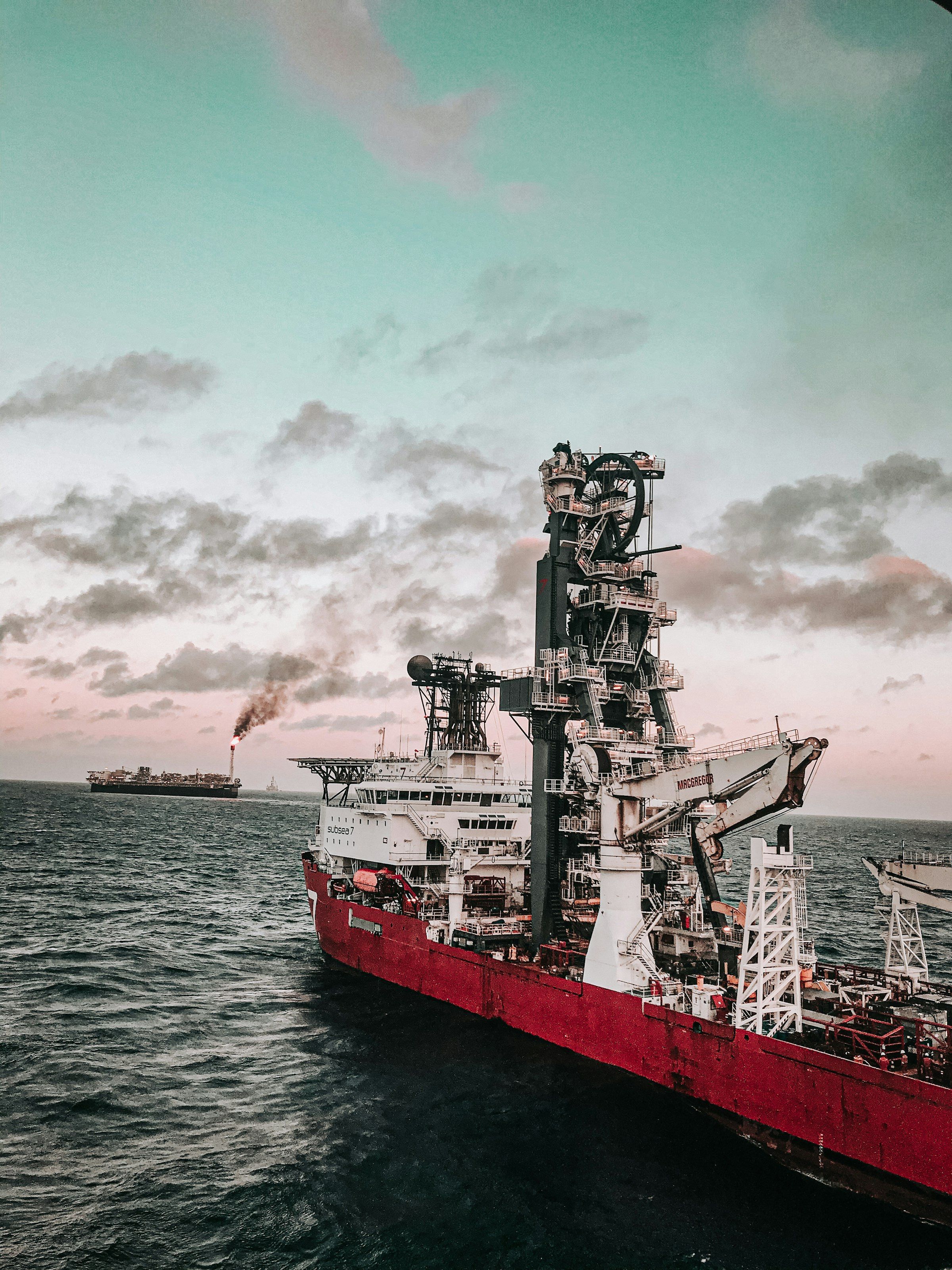 Offshore oil platform vessel in open ocean used for platform maintenance